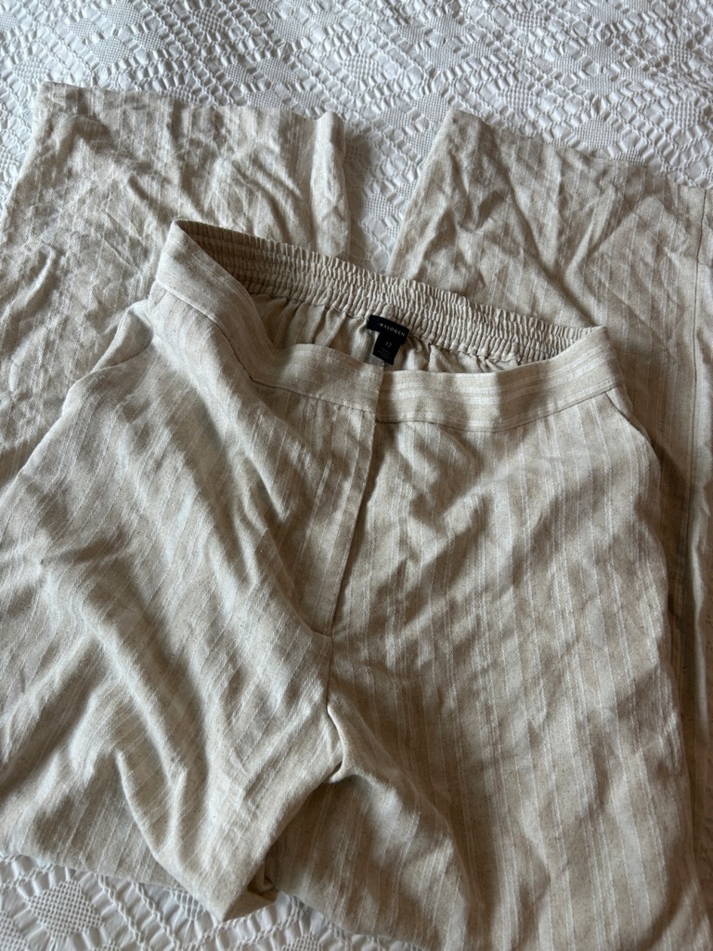 Halogen Beige Striped Linen-Blend Wide Leg Pants